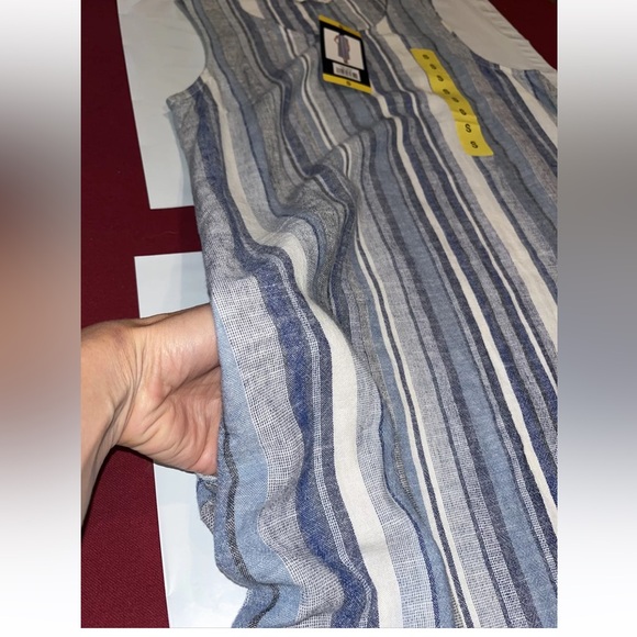 NEW BLUE WHITE LINEN VERTICAL STRIPE Long Dress Pockets Stretchy Beach Summer S - Picture 11 of 12